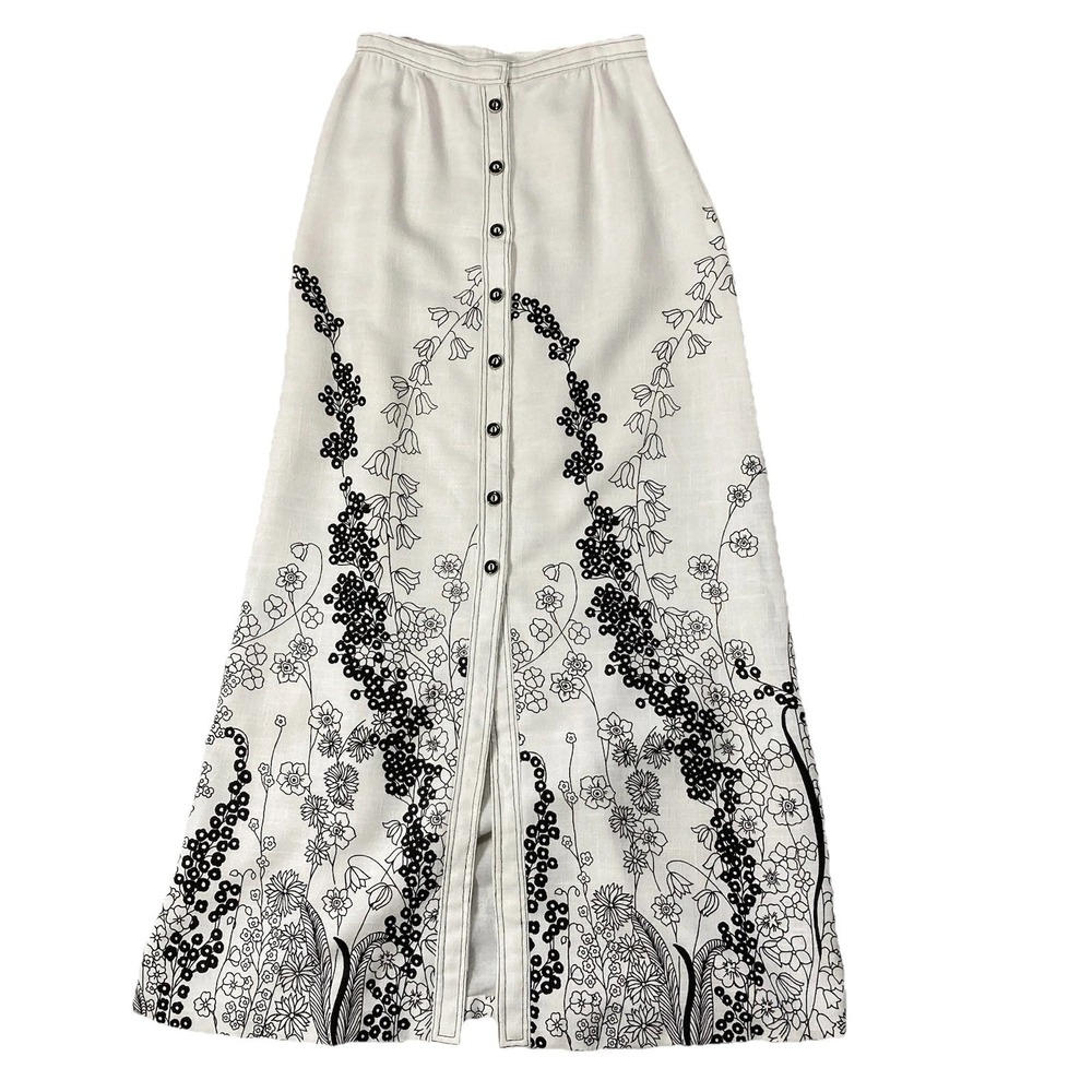 VTG White Black Floral Canvas Button Front Maxi Skirt Womens S Scandinavian Folk